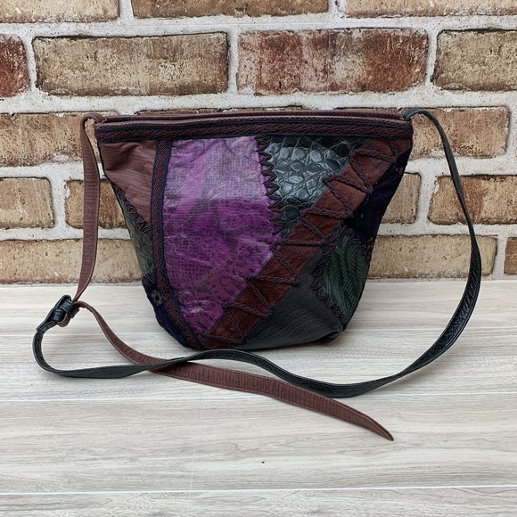 VTG Sharif Exotic Patch Leather Shoulder Bag Reptile Emboss Rare Green Maroon - Picture 1 of 11